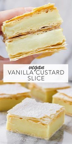 vanilla custard slice is cut into squares and placed on top of each other