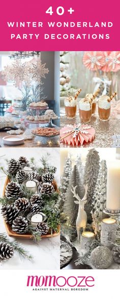 winter wonderland party decorations with pine cones and candles