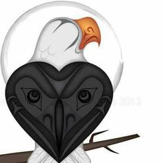 a black and white bird sitting on top of a tree branch next to a heart shaped object