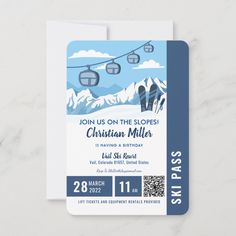 a ski resort birthday party card with mountains and skis on the slopes in blue