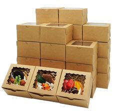 six boxes with different types of fruit in them and one is open to show the contents