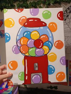 a painting of a gumball machine with lots of bubbles on it's front