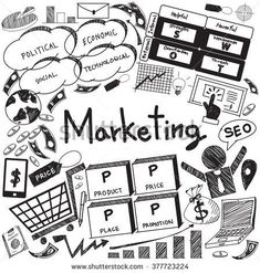 the word marketing surrounded by hand drawn doodles