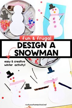 Activity tray with white snowman paper shape, buttons, ribbon, pom poms, pipe cleaners, and sticks and two examples of design a snowman activity. Snowmen Activities, Snowman Craft, Winter Activity, Indoor Fun, Snowman Crafts, Winter Fun, Winter Activities, Fine Motor Skills, Motor Skills