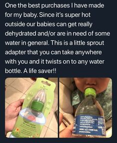 a baby in a car seat drinking out of a bottle with the caption, one of the best purchases i have made for my baby since it's super hot outside our babies can get really dehydra