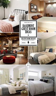 several different rooms with bed, couch and other things in them that are labeled basement guest room ideas