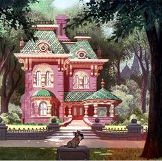 a pink house in the middle of a park with a cat sitting on a bench