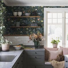 a kitchen filled with lots of counter top space next to a sink and window covered in plants