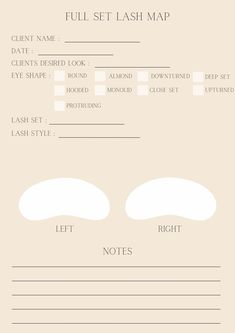 A lash map record form - PERFECT for keeping track of what style you do on each of your clients!  If you are a busy eyelash technician, it can be hard to remember what you do on every single client that comes through the door. If they come back and say 'I LOVED what you did last time! Can I have the same again?'. You don't want to panic, guess the lash map and it ends up wrong. Go back to the clients lash map record form and  do the EXACT map your client loved! This is a DIGITAL product - there will be no printed materials shipped to you. Print as many pages as you like, as often as you like. Lash Mapping Template, Lash Map Blank, Lash Map, Eyelash Technician, Lash Salon, Business Marketing Plan, Beauty Business