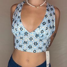 Original Tags Still On !! So Flattering Summer Blue Cropped Crop Top, Blue Cropped Crop Top For Summer, Blue Cropped Crop Top For Day Out, Fitted Blue Printed Crop Top, Casual Blue V-neck Crop Top, Light Blue Printed Summer Top, Blue Cropped Summer Top, Blue Trendy Crop Top For Spring, Chic Blue Cotton Crop Top