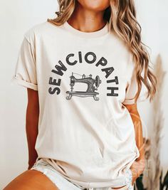 a woman wearing a t - shirt that says sewcipah on it