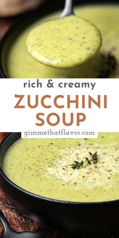 creamy zucchini soup in a skillet with a spoon