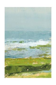 an abstract painting with green, blue and white colors on the water's edge