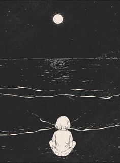 a person sitting in the water at night looking out to the ocean with a full moon above them