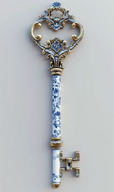 an ornate blue and white key is hanging on the wall