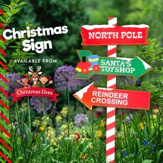 a christmas sign is in the middle of some flowers and plants with other signs on it