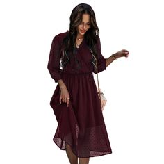 Wine Red V Neck 3/4 Sleeve Slim Waist Chiffon Dress Chic Long Sleeve Chiffon Dress For Fall, Chic Long Sleeve Chiffon Dress For Work, Burgundy Long Sleeve Dress For Summer, Chiffon Long Sleeve Midi Dress For Work, Red Long Sleeve Chiffon Dress For Summer, Long Sleeve Red Chiffon Dress For Summer, Midi-length Chiffon Dress For Work, Fall Chiffon Dress, Flowy Knee-length Chiffon Dress For Fall