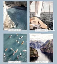 four pictures of boats in the water with mountains and cliffs behind them, including one boat