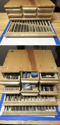 two pictures showing the different parts of a wooden box with drawers on each side and an open drawer in the middle