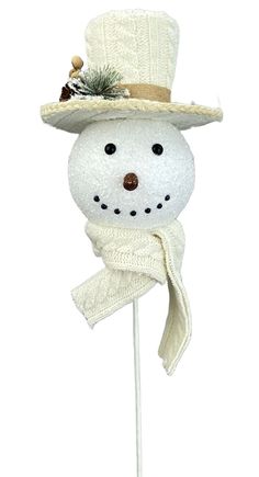 23 White Snowman Head Pick - 85708WT - The Wreath Shop Knit Hat And Scarf, Snowman Head, Christmas Accents, Wreath Making Supplies, Hat And Scarf, Cute Snowman, Tree Topper, Christmas Tree Toppers, Christmas Tree Ornament