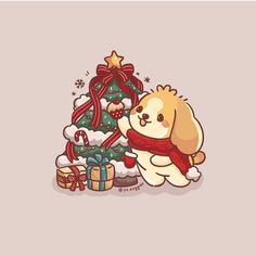 a cartoon dog with a scarf around its neck next to a christmas tree and presents