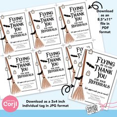 four flying thank cards with the words,'flying thank refers'and an image of