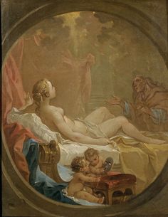 a painting of a woman laying on top of a bed next to a baby in a crib