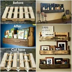 several different ways to make pallet shelves with pictures and frames on the top, bottom, and bottom