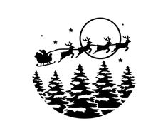 santa flying through the sky with his sleigh and reindeers in front of trees