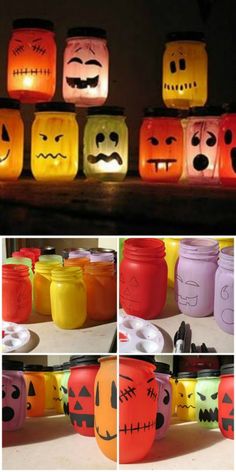 halloween mason jars with faces on them in different colors and sizes, all lined up next to each other