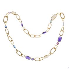 Marco Bicego Murano collection mix gemstone link long necklace. Retail value $15,300 DESIGNER: Marco Bicego MATERIAL: 18K Yellow Gold GEMSTONE: Amethyst, Peridot, Tourmaline, Topaz, Citrine MEASUREMENTS: Necklace is 27.25" long MARKED/TESTED: Marco Bicego Made in Italy; Italian mark, 750 WEIGHT: 49.1 grams CONDITION: New PRODUCT ID: OG-1752 Multi Gemstone Necklace, Marco Bicego, Beading Jewelery, Chunky Necklace, Stunning Jewellery, Link Necklace, Semi Precious Gemstones, Gemstone Necklace, Long Necklace