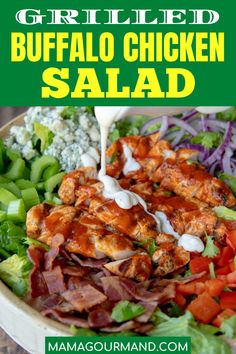 grilled buffalo chicken salad in a bowl with dressing drizzled on top