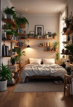 a bed sitting in a bedroom next to a book shelf filled with lots of books