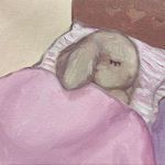 a pastel drawing of a bunny wrapped in a pink blanket on a brown chair