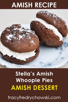 two chocolate cookies with whipped cream on them are sitting on a blue and white plate that says, stella's amish whopie pies amish dessert