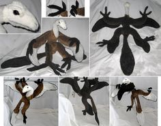 several pictures of stuffed animals in various poses on a white sheet, including an animal with long legs and feet