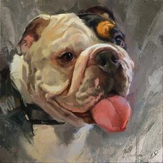 an oil painting of a dog with its tongue out and it's tongue hanging out