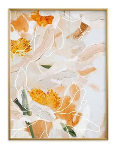 an orange and white floral painting in a gold frame on a white wall with leaves