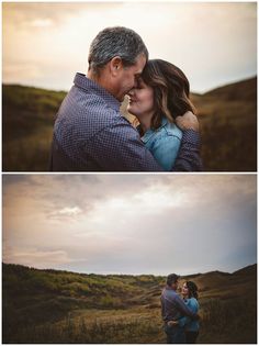 an older man and young woman embracing each other in the middle of a field at sunset