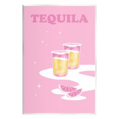 a pink poster with two glasses of tequila and a slice of lemon on the side