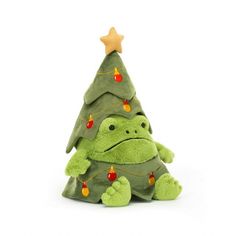 a green christmas tree stuffed animal with lights on it's head and feet, sitting in front of a white background