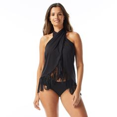 Convertible and chic, you're all set for the beach in Coco Reef Entice Fringe Sarong Cover Up. Drape it around your waist as an easy swimsuit cover up, or wear it as cover up dress for vacation-ready style. The solid black colorway paired with a fashionable fringe along the hem makes it perfect to mix and match with any of your swimsuit styles.     Sarong Swimsuit Cover Up;   Multiwear Options;   Fringe Hem;   Microluxury Swimsuit Fabric: 85% Nylon/15% Spandex;   Hand Wash Cold, Dry Flat; Sarong Swimsuit Cover, Swimsuit Styles, Swimsuit Fabric, Swimsuit Fashion, Swimsuit Cover, Cover Up Dress, Sarong, Bra Cups, Bra Sizes