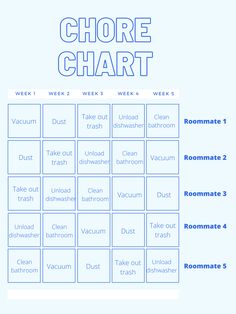 the chore chart is shown in blue and white, with words above it that read chore chart