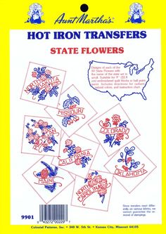 the back cover of an iron transferer with state flowers in red, white and blue