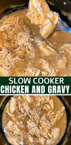 slow cooker chicken and gravy in a crock pot with the words slow cooker chicken and gravy