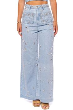 Cut in a wide-leg silhouette, these mid-rise jeans are hand embroidered with intricately beaded faux pearl and crystal detailing. Belt loops Five-pocket style Zip fly, button closure 100% cotton Dry clean only Denim Pants Women, Denim Romper, Mid Rise Jeans, Jeans For Sale, Hand Beading, Wide Leg Jeans, Denim Pants, Jean Jacket, Leg Jeans