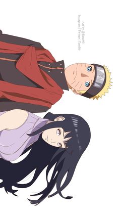 two anime characters are standing next to each other, one is wearing a red jacket and the other has long black hair