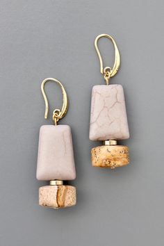 Gold plated brass hooks with gray magnesite and picture jasper stones. Each earring weighs .355 oz. and measures 2.375 inches long. Glass Bead Crafts Diy, Brass Hooks, Jasper Jewelry, Earrings Stone, Designer Handmade Jewellery, Jasper Earrings, Fall Earrings, Handmade Wire Jewelry, Picture Jasper