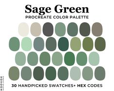 sage green procreate color palette with 30 handpicked swatches - hex code