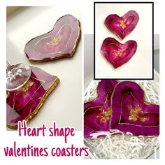 heart shaped valentine's coasters are shown in pink and gold, along with the words heart shape valentine's coasters